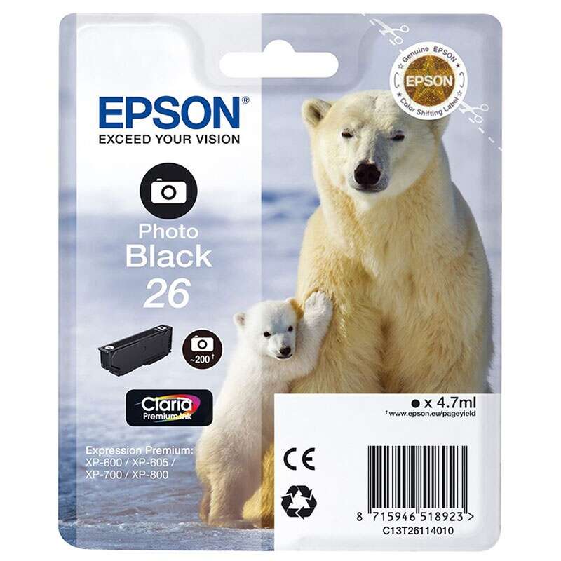 Epson T2611 (26) Noir Photo Cartouche Inkjet Marque Originale C13T26114012