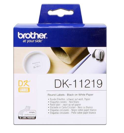 Brother DK11219 Etiquettes Marque Originale prédédoupées Diamètre 12 mm 1200 unités texte Noir sur fond Blanc