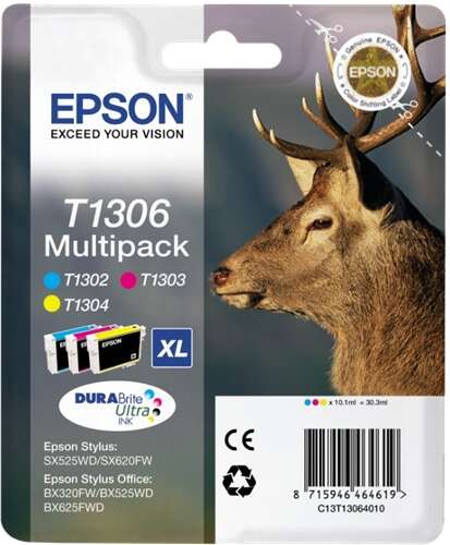 [EP-T1306-MO] Epson T1306 Pack de 3 cartouches Inkjet Marque Originale Cyan, Magenta, Yellow C13T13064012
