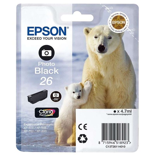 [EP-T2611-MO] Epson T2611 (26) Noir Photo Cartouche Inkjet Marque Originale C13T26114012