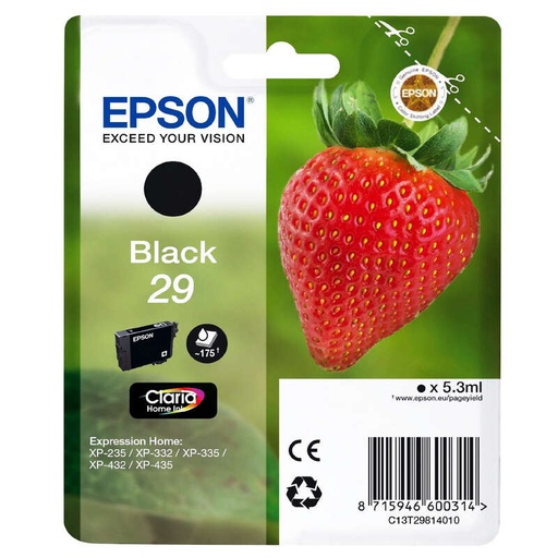 [EP-T2981-MO] Epson T2981 (29) Noir Cartouche Inkjet Marque Originale C13T29814012