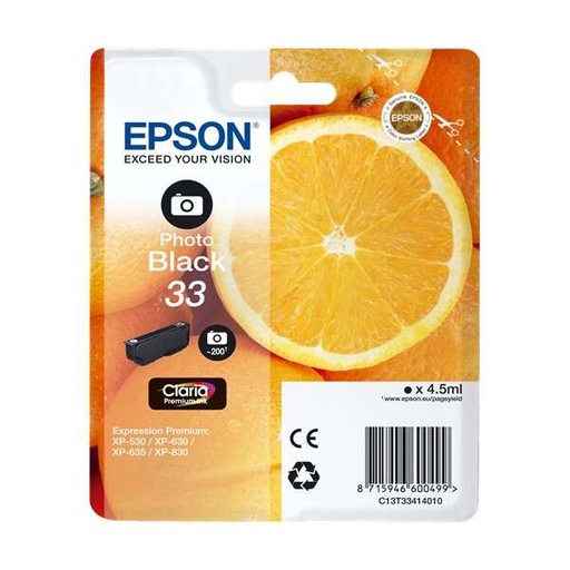 [EP-T3341-MO] Epson T3341 (33) Noir Photo Cartouche Inkjet Marque Originale C13T33414012