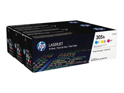 [HP-CF370AVP3-MO] HP CE411A CE412A CE413A Pack de 3 cartouches de Toner Marque Originales 305A