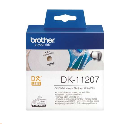 [BR-DK11207-MO] Brother DK11207 Etiquettes Marque Originale prédédoupées spéciales CD DVD 58 mm de Diametre 100 unités texte Noir sur fond Blanc
