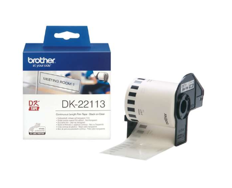 [BR-DK22113-MO] Brother DK22113 Etiquettes Marque Originale de taille personnalisable largeur 62mm x 15,24 Mètres texte Noir sur fond Transparent