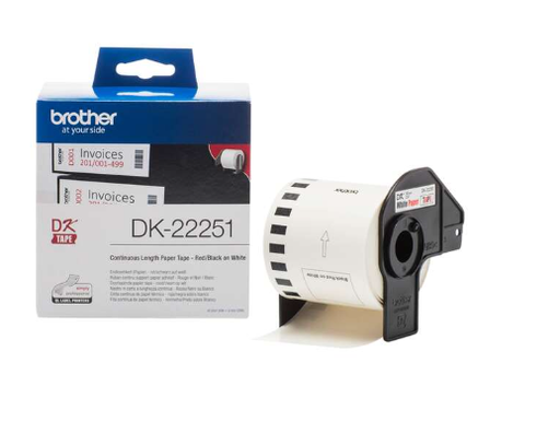 [BR-DK22251-MO] Brother DK22251 Etiquettes Marque Originale de taille personnalisable largeur 62mm x 15,24 Mètres texte Rouge Noir sur fond Blanc