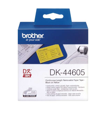 [BR-DK44605-MO] Brother DK44605 Etiquettes adhésif non permanent Marque Originale de taille personnalisable largeur 62mm x 30,48 Mètres texte Noir sur fond Yellow
