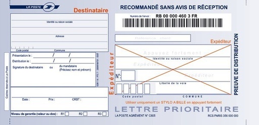 [IMP-MAAR-04] Imprimés Recommandée La Poste SANS AR Nationaux Liasse Guichet SGR1 x100